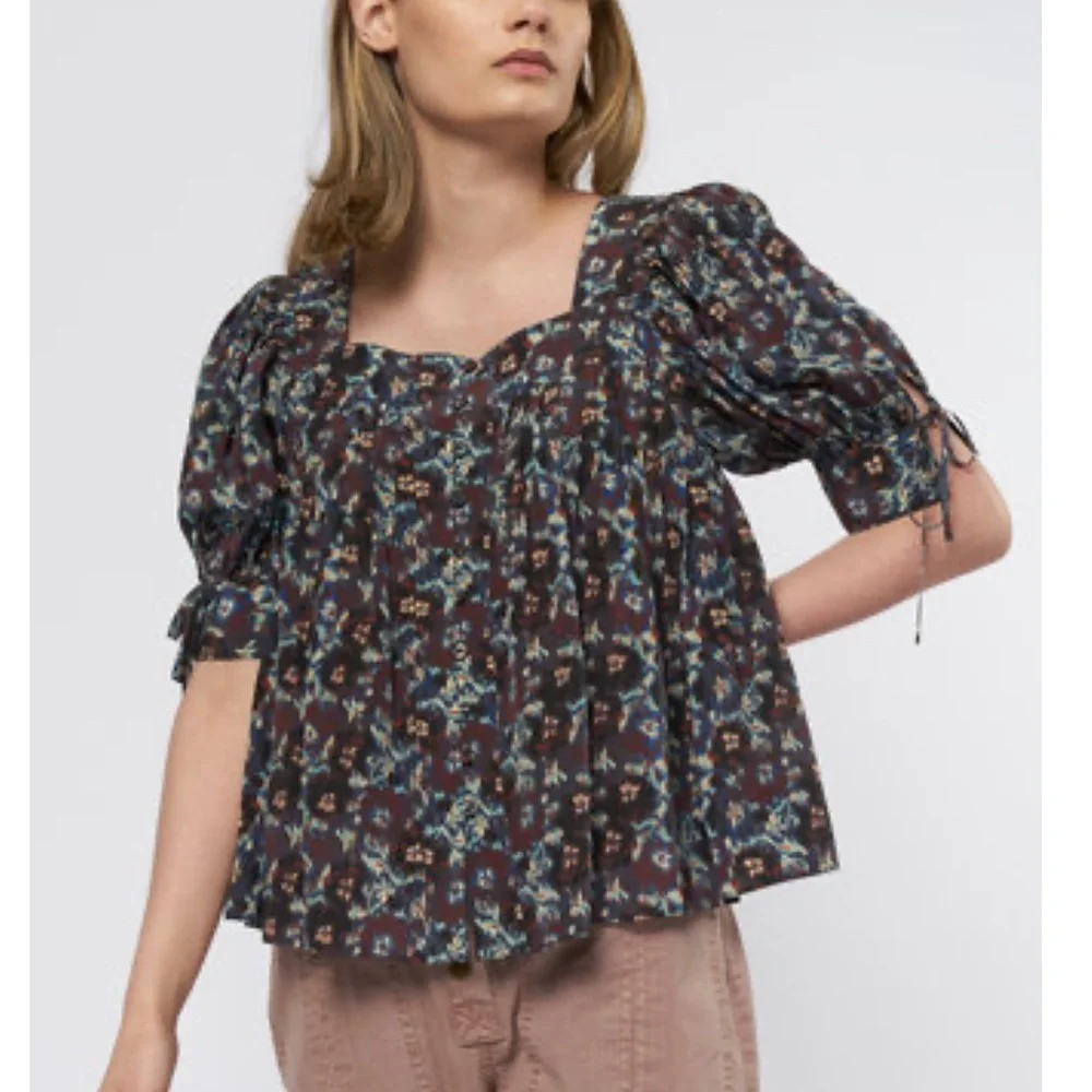 ULLA JOHNSON Lorraine Cobalt Pleated Blouse Floral Silk Top Puff Sleeves Size 6